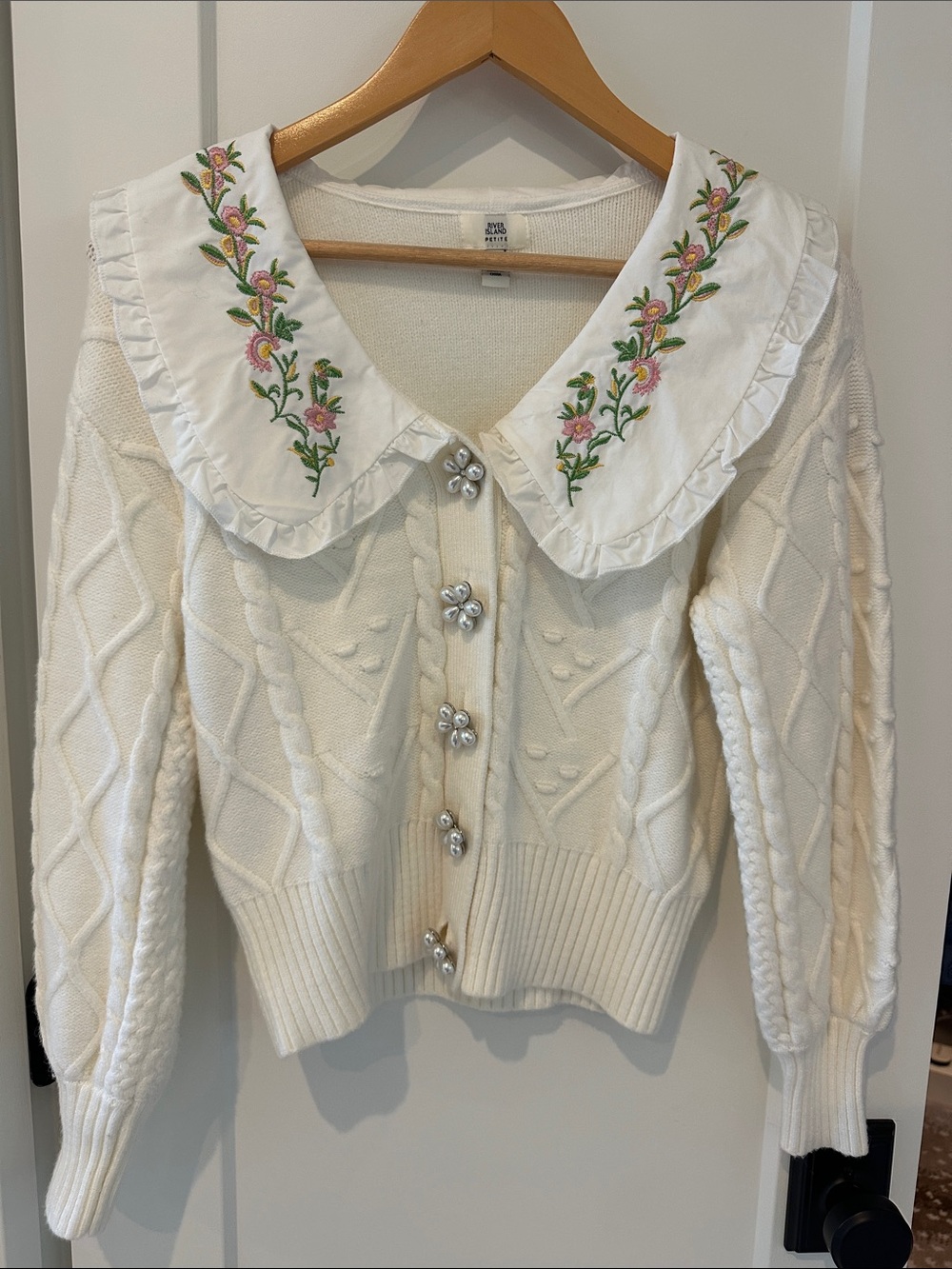 River Island Cream Cable Knit Cardigan with Embroidered Collar